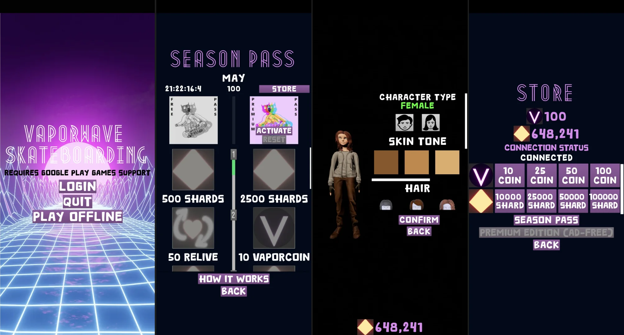 Live-service UI: main menu, season pass with free and premium tiers, character customization (type, skin tone, hair), and the store with V-coin and shard bundles